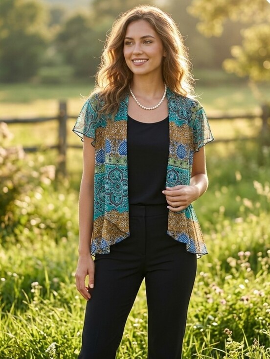 Sara Michelle Tops - Sara Michelle Boho Print Jacket Over Tank Top.